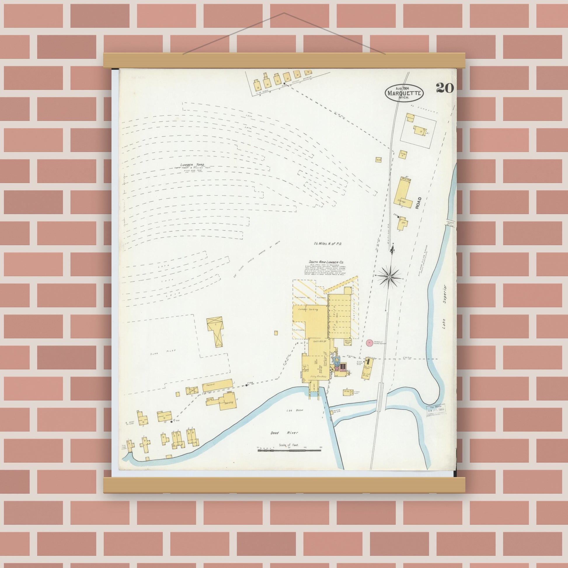 Old map wall art mockup — magnetic wood frame on brick wall — Sanborn Fire Insurance Map from Marquette, Marquette County, Michigan (1904), Sheet #0020