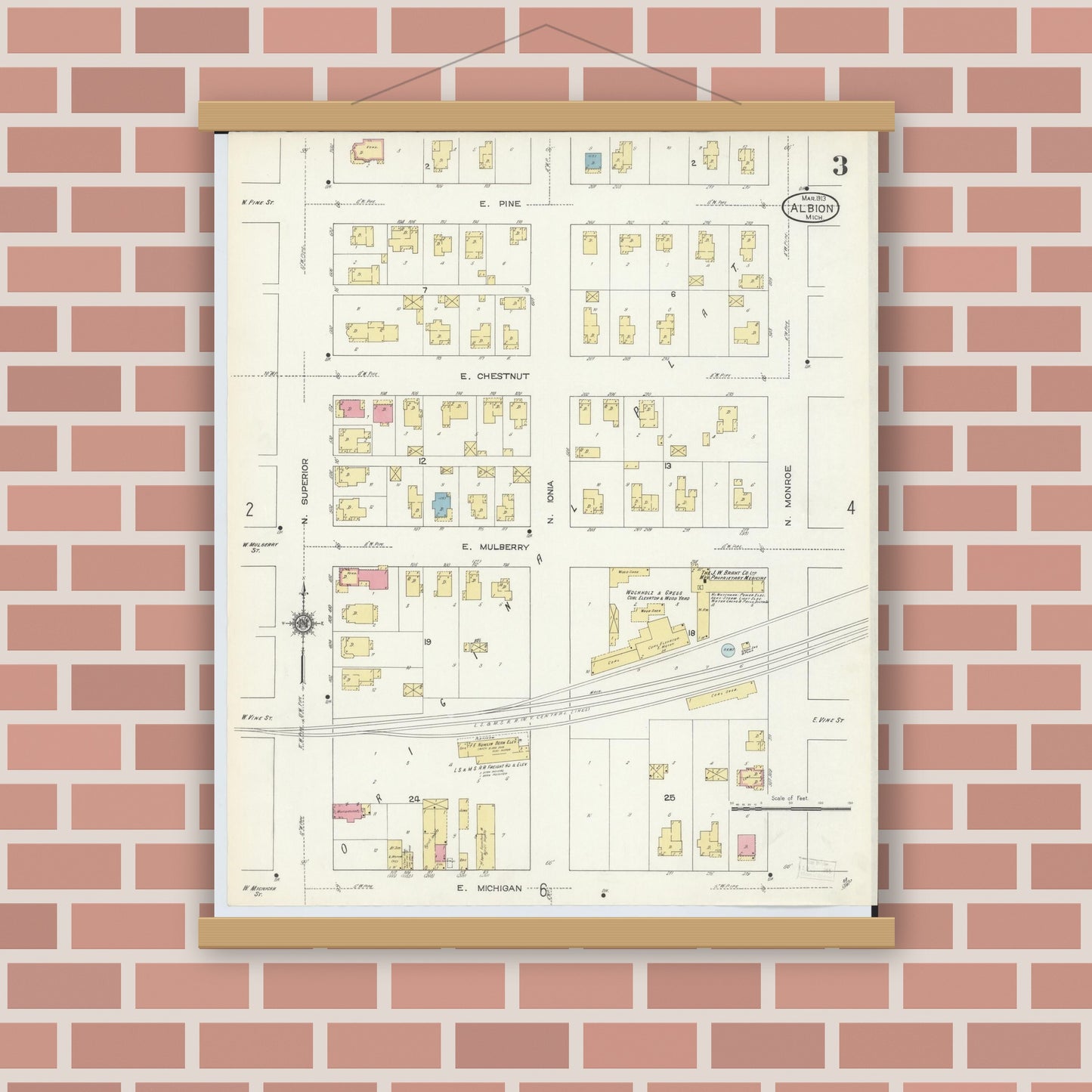 Old map wall art mockup — magnetic wood frame on brick wall — Sanborn Fire Insurance Map from Albion, Calhoun County, Michigan (1913), Sheet #0003