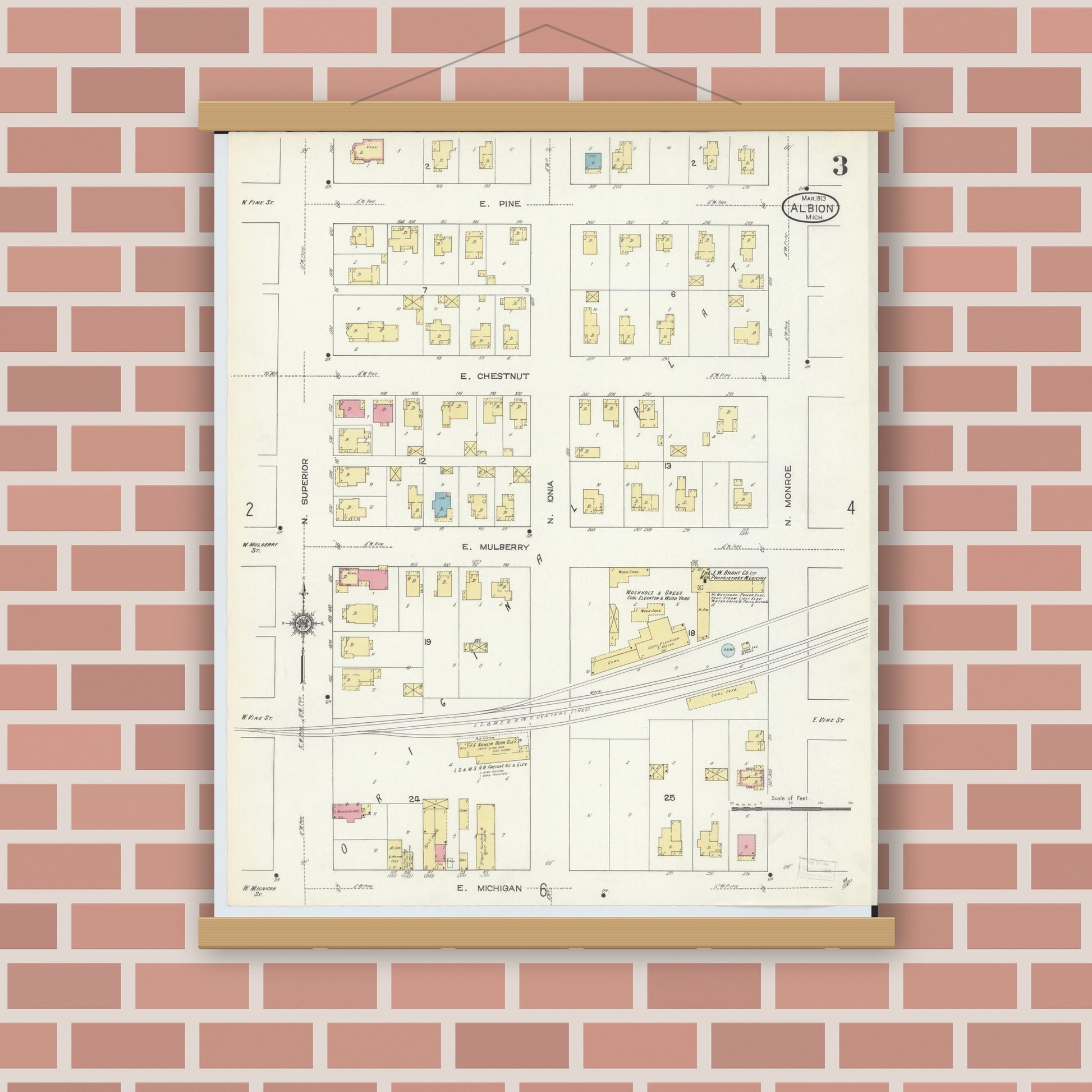 Old map wall art mockup — magnetic wood frame on brick wall — Sanborn Fire Insurance Map from Albion, Calhoun County, Michigan (1913), Sheet #0003