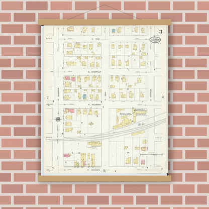 Old map wall art mockup — magnetic wood frame on brick wall — Sanborn Fire Insurance Map from Albion, Calhoun County, Michigan (1913), Sheet #0003