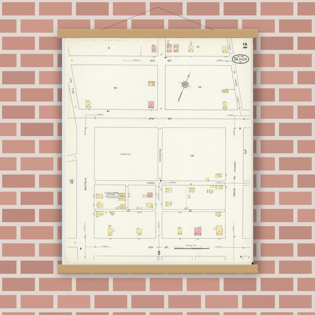 Old map wall art mockup — magnetic wood frame on brick wall — Sanborn Fire Insurance Map from Beaver, Beaver County, Pennsylvania (1912), Sheet #0002