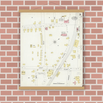 Old map wall art mockup — magnetic wood frame on brick wall — Sanborn Fire Insurance Map from Durham, Durham County, North Carolina (1898), Sheet #0003