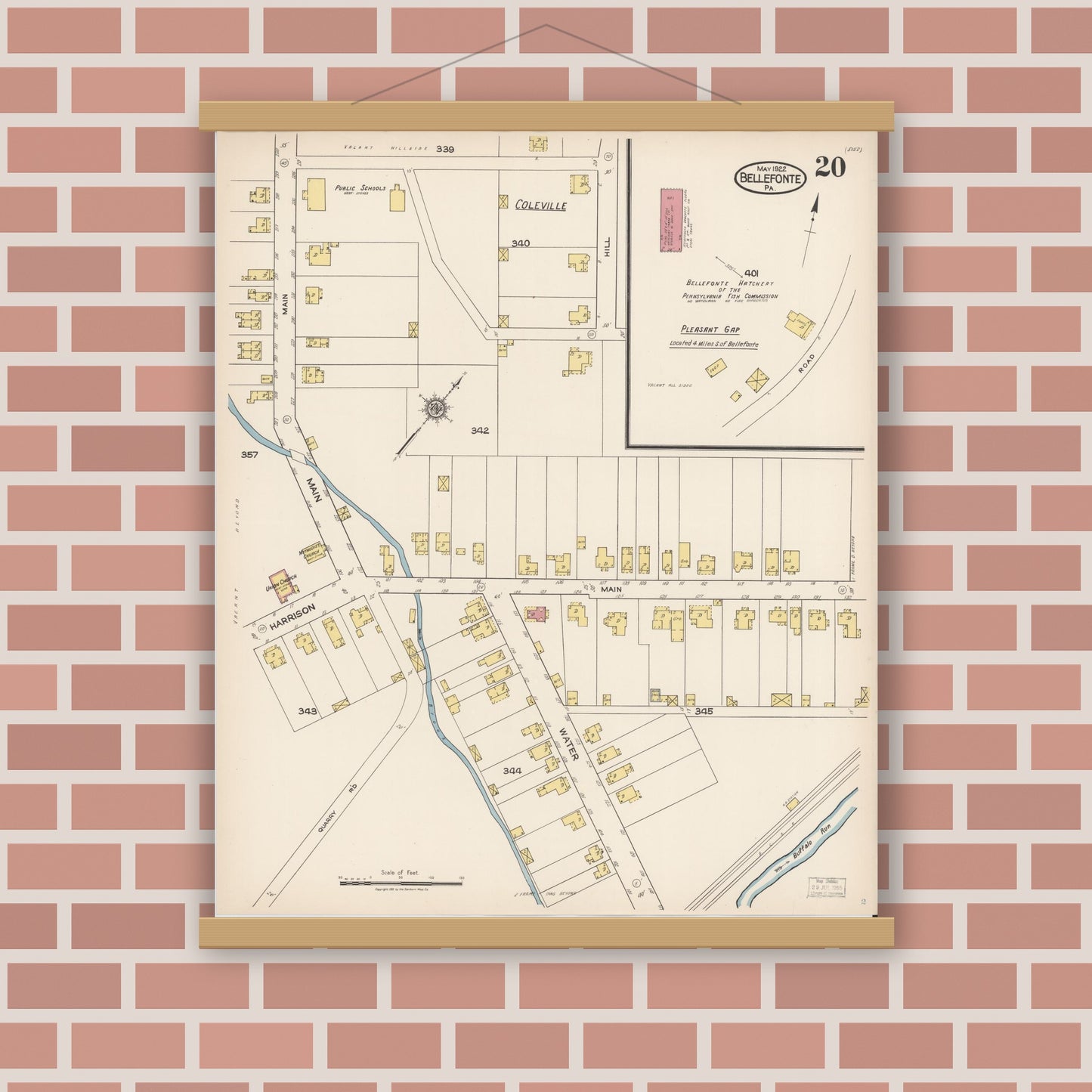 Old map wall art mockup — magnetic wood frame on brick wall — Sanborn Fire Insurance Map from Bellefonte, Centre County, Pennsylvania (1922), Sheet #0020