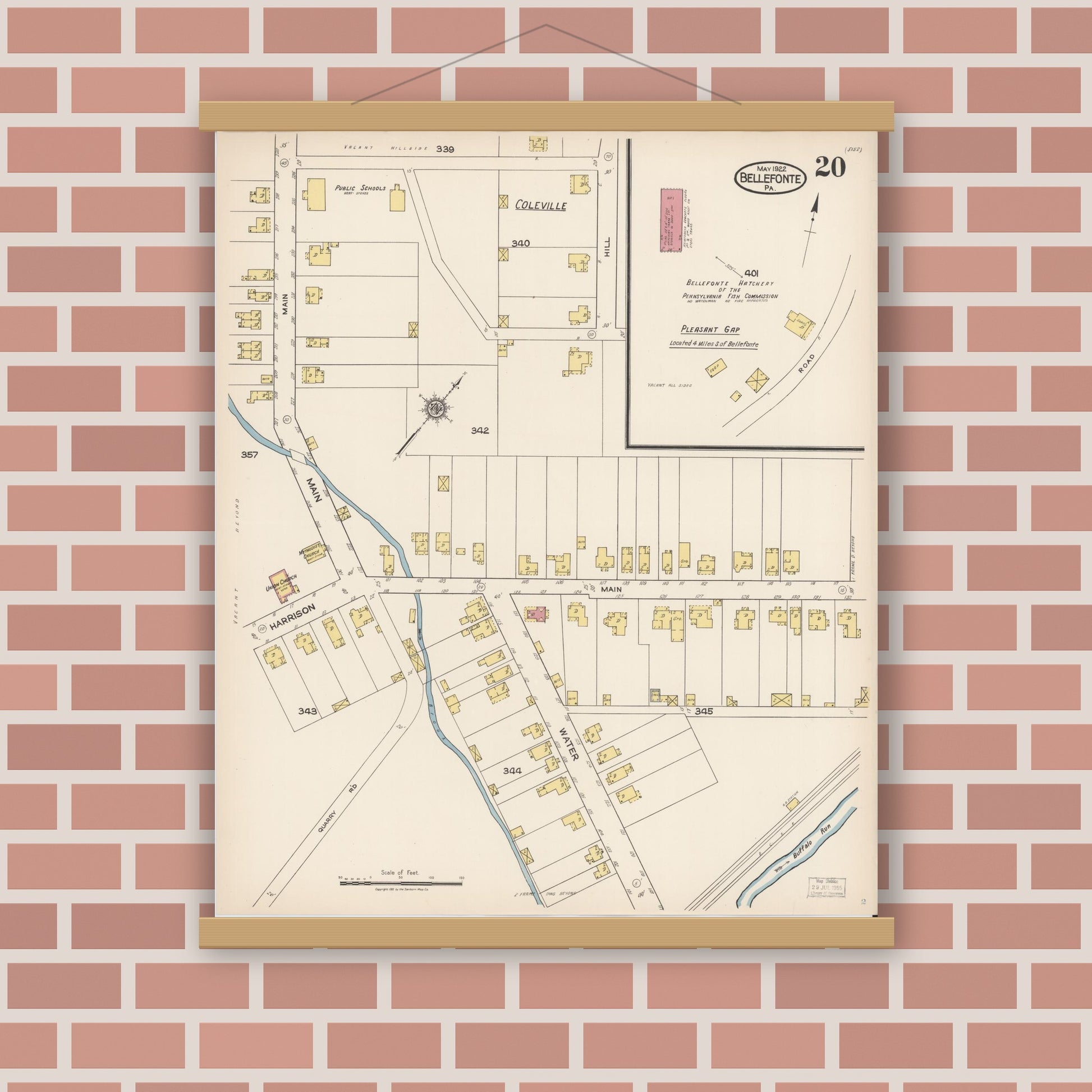 Old map wall art mockup — magnetic wood frame on brick wall — Sanborn Fire Insurance Map from Bellefonte, Centre County, Pennsylvania (1922), Sheet #0020