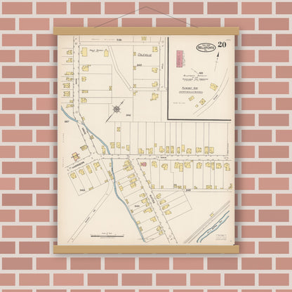 Old map wall art mockup — magnetic wood frame on brick wall — Sanborn Fire Insurance Map from Bellefonte, Centre County, Pennsylvania (1922), Sheet #0020