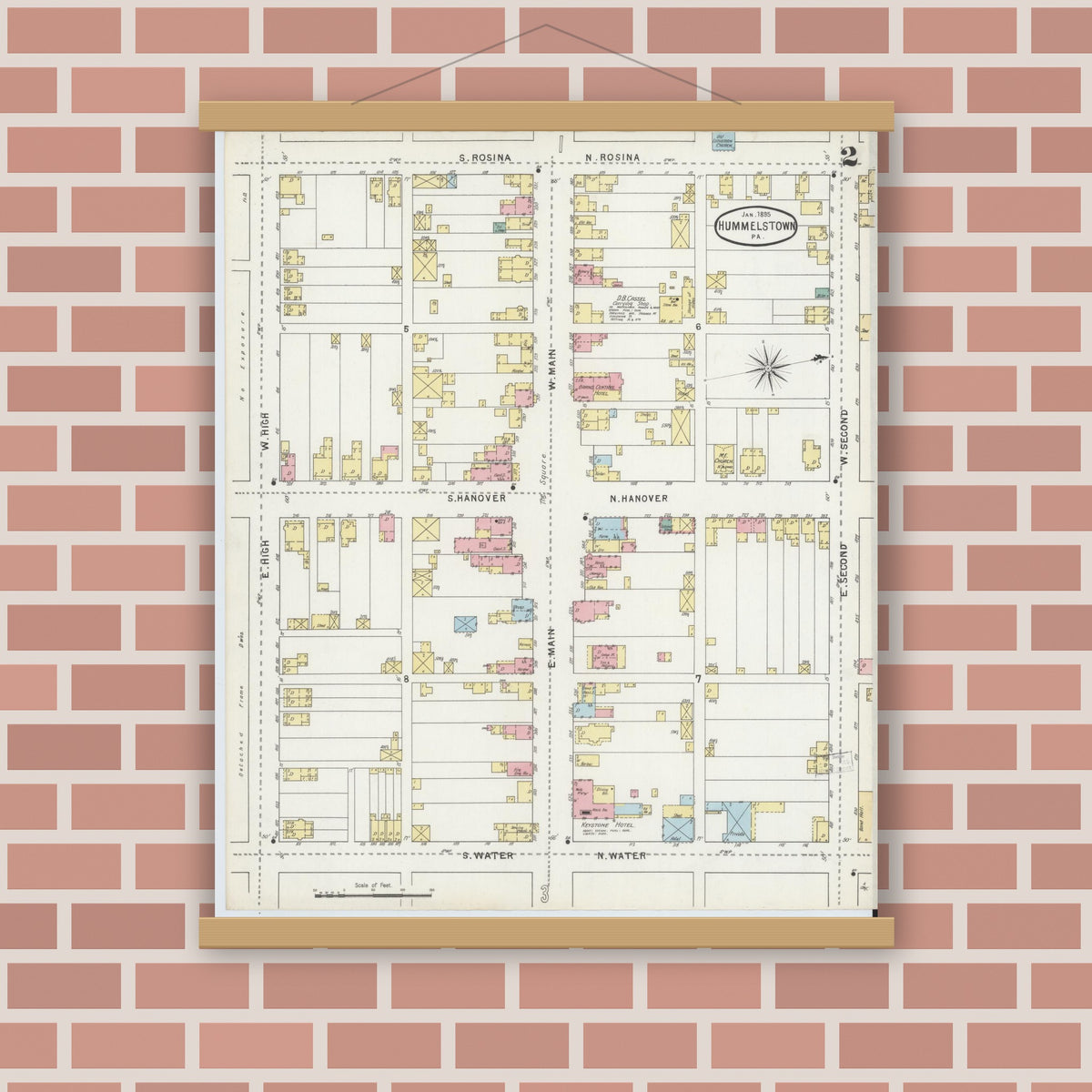 Old map wall art mockup — magnetic wood frame on brick wall — Sanborn Fire Insurance Map from Hummelstown, Dauphin County, Pennsylvania (1895), Sheet #0002