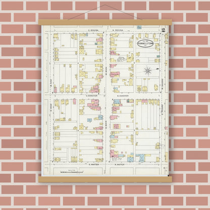 Old map wall art mockup — magnetic wood frame on brick wall — Sanborn Fire Insurance Map from Hummelstown, Dauphin County, Pennsylvania (1895), Sheet #0002