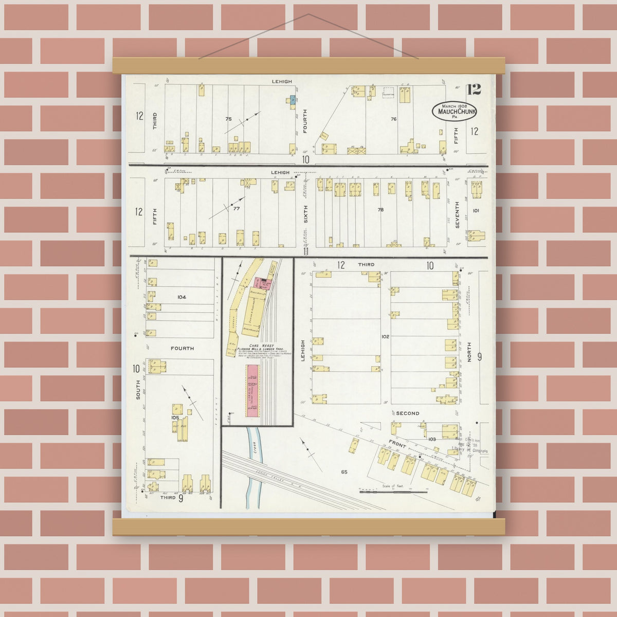 Old map wall art mockup — magnetic wood frame on brick wall — Sanborn Fire Insurance Map from Mauch Chunk, Carbon County, Pennsylvania (1908), Sheet #0012