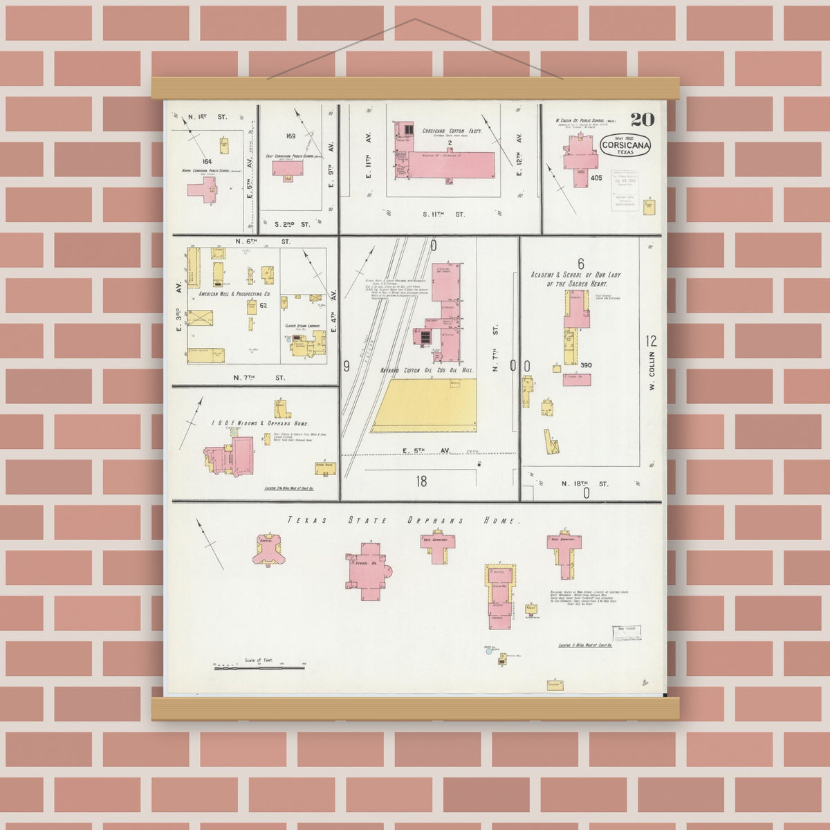 Old map wall art mockup — magnetic wood frame on brick wall — Sanborn Fire Insurance Map from Corsicana, Navarro County, Texas (1900), Sheet #0020