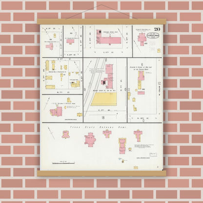 Old map wall art mockup — magnetic wood frame on brick wall — Sanborn Fire Insurance Map from Corsicana, Navarro County, Texas (1900), Sheet #0020