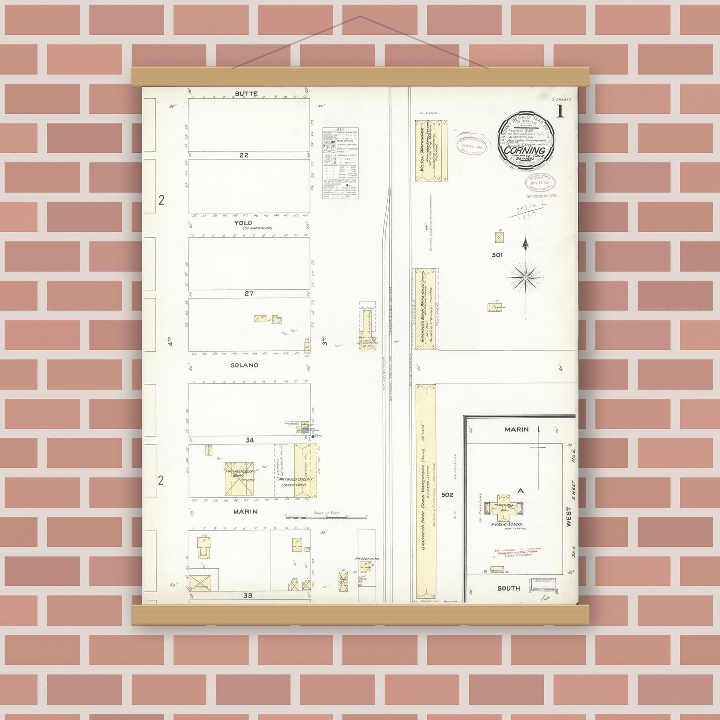 Old map wall art mockup — magnetic wood frame on brick wall — Sanborn Fire Insurance Map from Corning, Tehama County, California (1897) - Complete Map Set