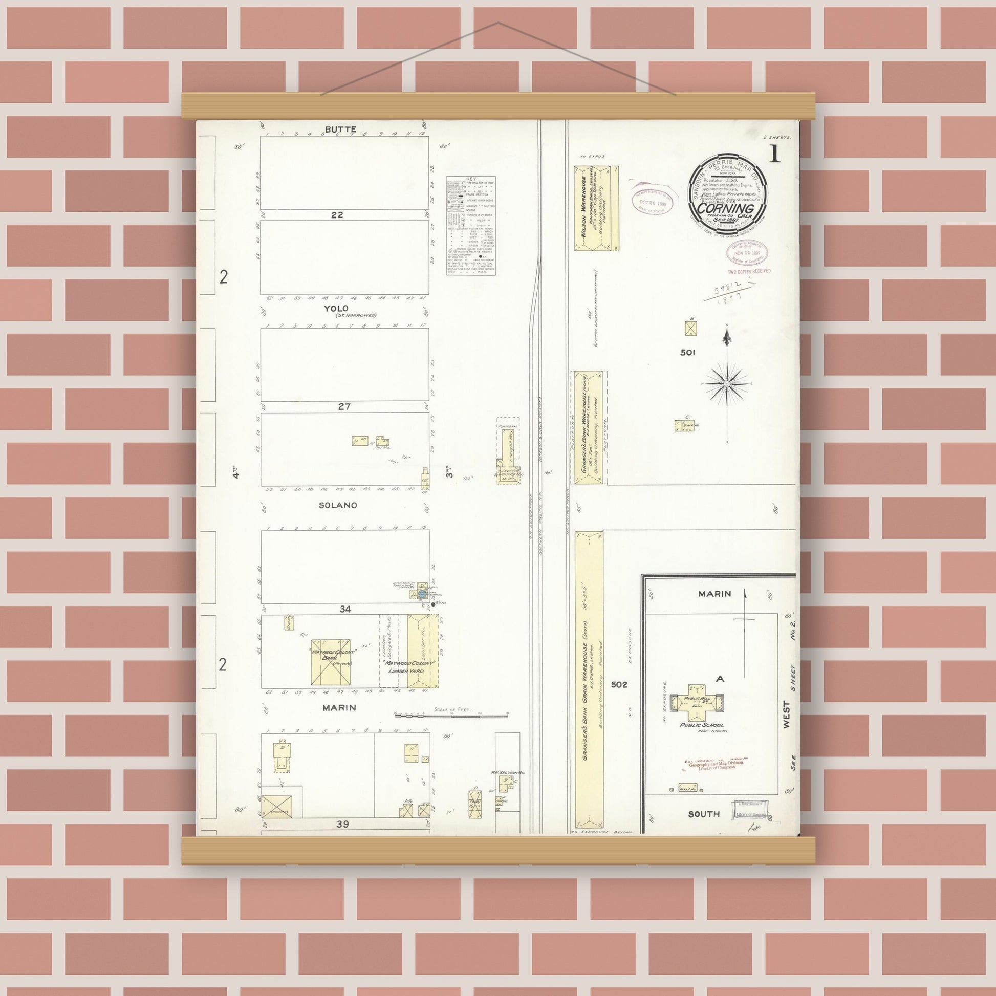 Old map wall art mockup — magnetic wood frame on brick wall — Sanborn Fire Insurance Map from Corning, Tehama County, California (1897) - Complete Map Set