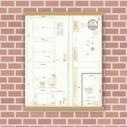 Old map wall art mockup — magnetic wood frame on brick wall — Sanborn Fire Insurance Map from Corning, Tehama County, California (1897) - Complete Map Set