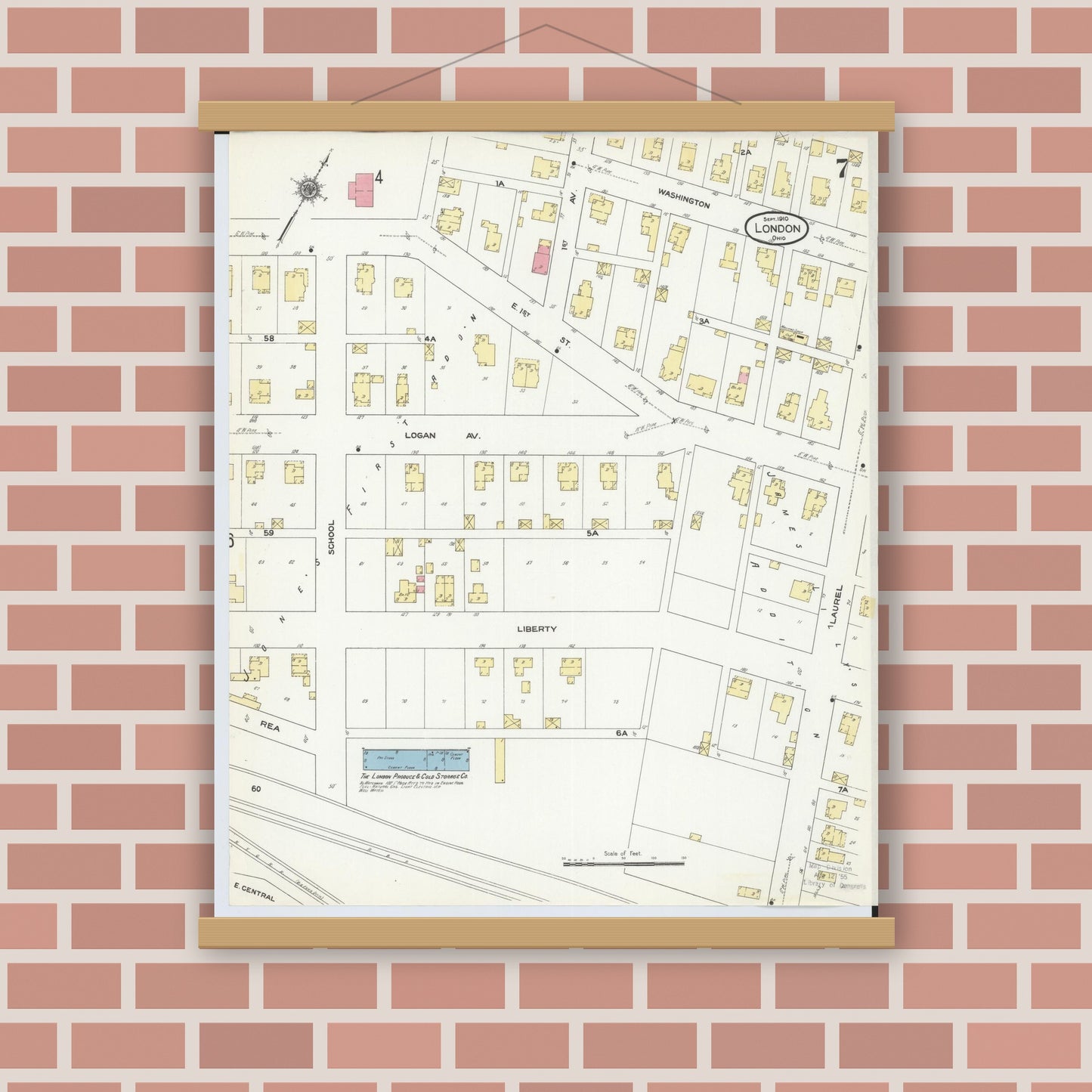 Old map wall art mockup — magnetic wood frame on brick wall — Sanborn Fire Insurance Map from London, Madison County, Ohio (1910), Sheet #0007