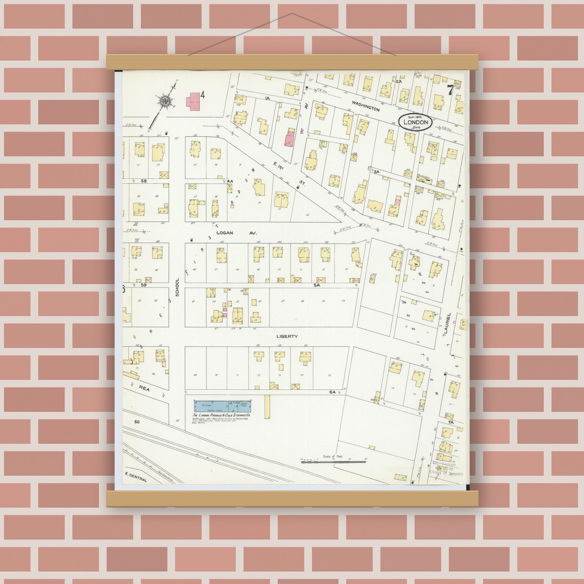 Old map wall art mockup — magnetic wood frame on brick wall — Sanborn Fire Insurance Map from London, Madison County, Ohio (1910), Sheet #0007