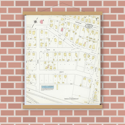 Old map wall art mockup — magnetic wood frame on brick wall — Sanborn Fire Insurance Map from London, Madison County, Ohio (1910), Sheet #0007