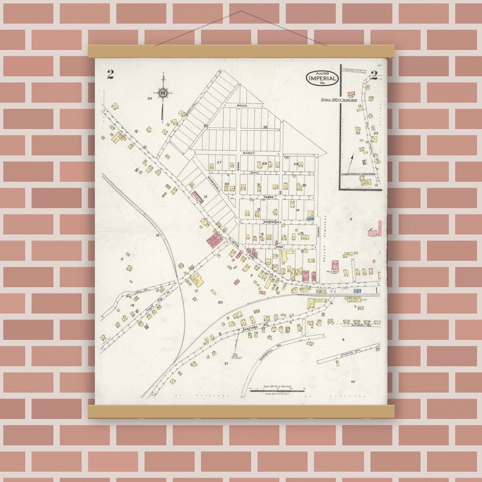 Old map wall art mockup — magnetic wood frame on brick wall — Sanborn Fire Insurance Map from Imperial, Allegheny County, Pennsylvania (1925), Sheet #0002