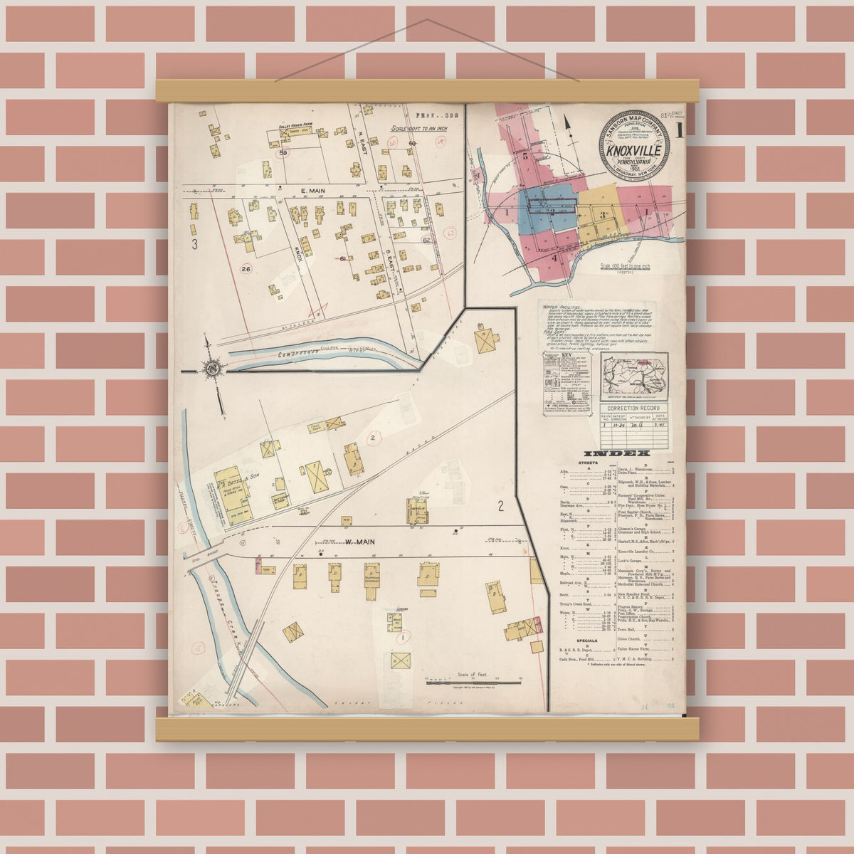 Old map wall art mockup — magnetic wood frame on brick wall — Sanborn Fire Insurance Map from Knoxville, Tioga County, Pennsylvania (1934), Sheet #0001