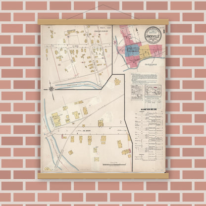 Old map wall art mockup — magnetic wood frame on brick wall — Sanborn Fire Insurance Map from Knoxville, Tioga County, Pennsylvania (1934), Sheet #0001