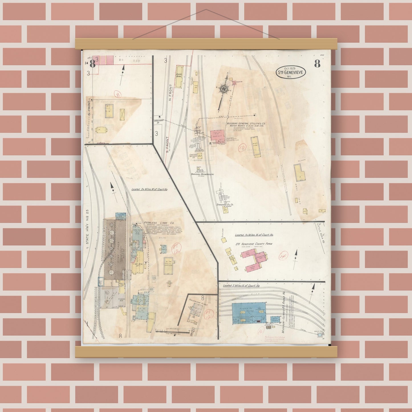 Old map wall art mockup — magnetic wood frame on brick wall — Sanborn Fire Insurance Map from Sainte Genevieve, Saint Genevieve County, Missouri (1945), Sheet #0008