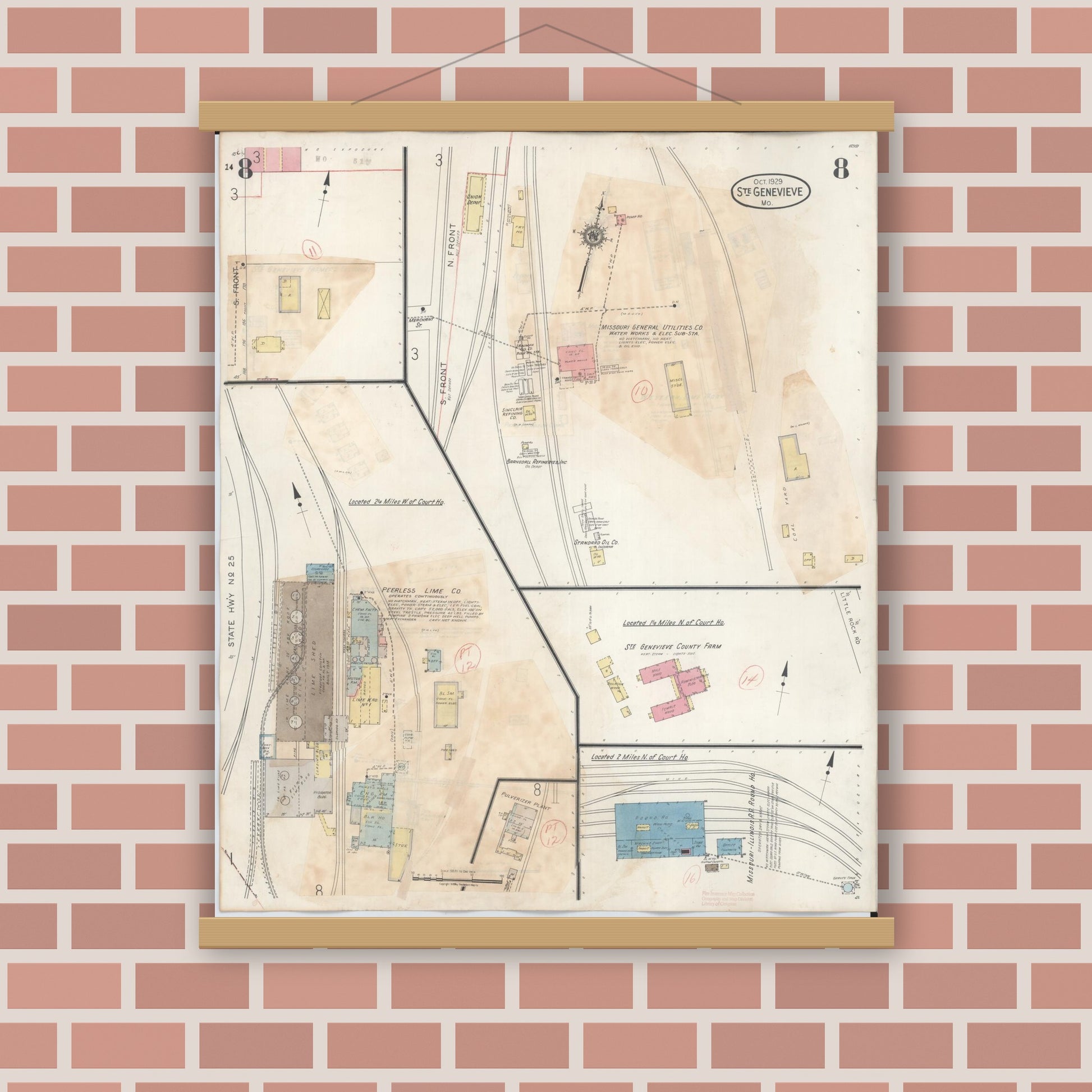 Old map wall art mockup — magnetic wood frame on brick wall — Sanborn Fire Insurance Map from Sainte Genevieve, Saint Genevieve County, Missouri (1945), Sheet #0008