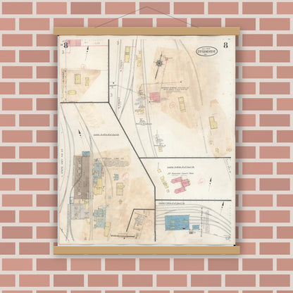 Old map wall art mockup — magnetic wood frame on brick wall — Sanborn Fire Insurance Map from Sainte Genevieve, Saint Genevieve County, Missouri (1945), Sheet #0008