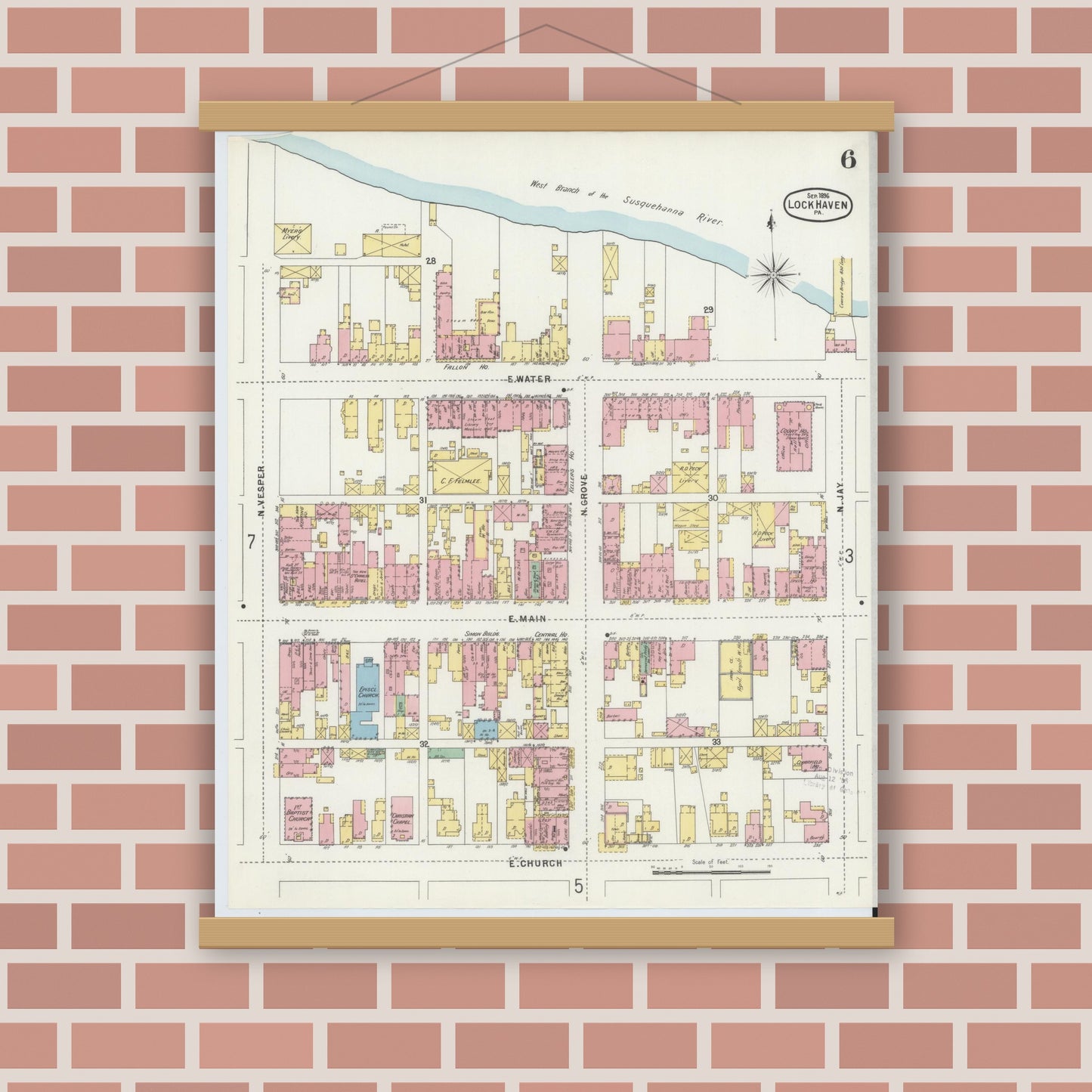 Old map wall art mockup — magnetic wood frame on brick wall — Sanborn Fire Insurance Map from Lock Haven, Clinton County, Pennsylvania (1896), Sheet #0006