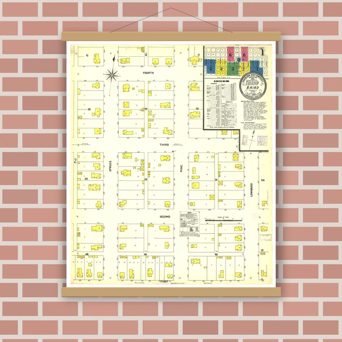 Old map wall art mockup — magnetic wood frame on brick wall — Sanborn Fire Insurance Map from Baird, Callahan County, Texas (1908), Sheet #0001