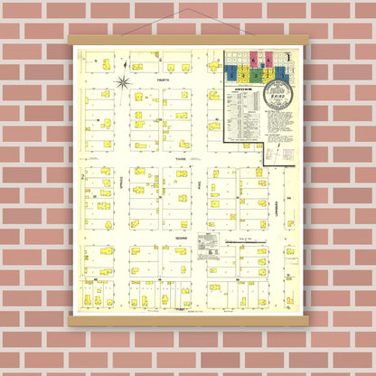 Old map wall art mockup — magnetic wood frame on brick wall — Sanborn Fire Insurance Map from Baird, Callahan County, Texas (1908), Sheet #0001