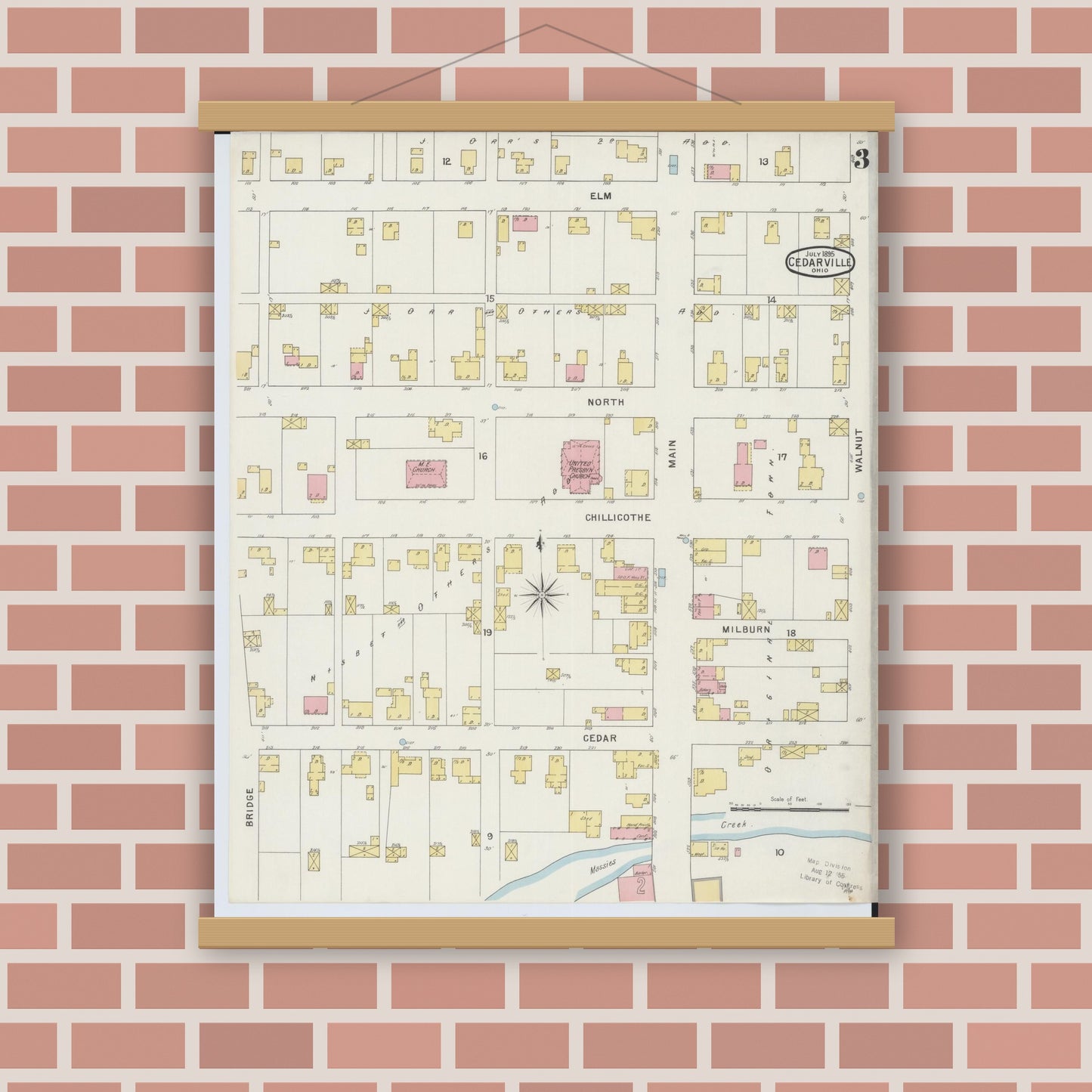 Old map wall art mockup — magnetic wood frame on brick wall — Sanborn Fire Insurance Map from Cedarville, Greene County, Ohio (1895), Sheet #0003