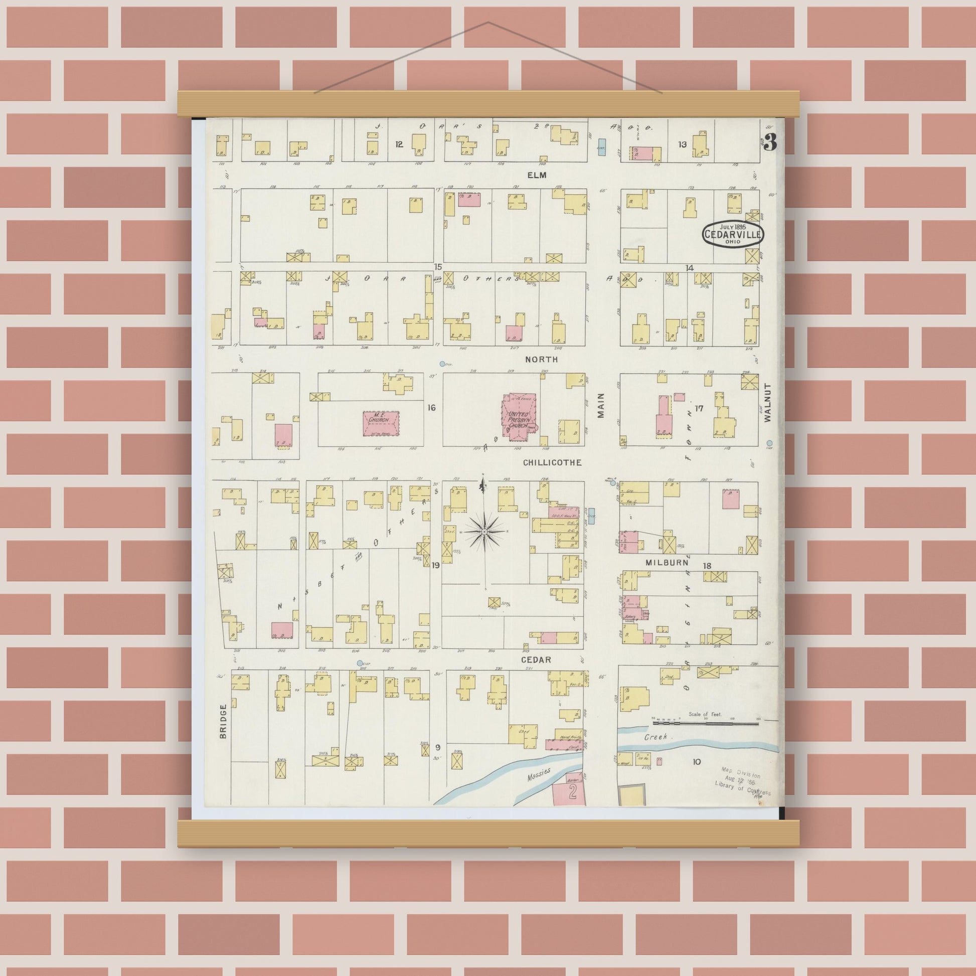 Old map wall art mockup — magnetic wood frame on brick wall — Sanborn Fire Insurance Map from Cedarville, Greene County, Ohio (1895), Sheet #0003