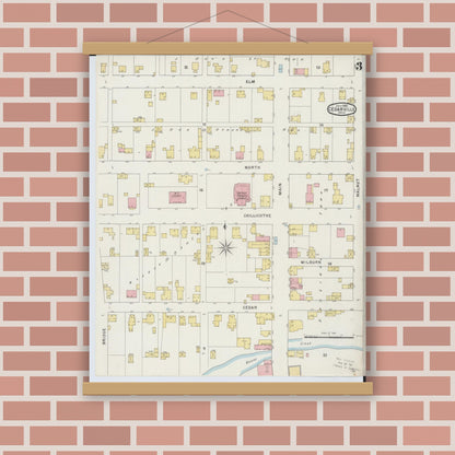 Old map wall art mockup — magnetic wood frame on brick wall — Sanborn Fire Insurance Map from Cedarville, Greene County, Ohio (1895), Sheet #0003