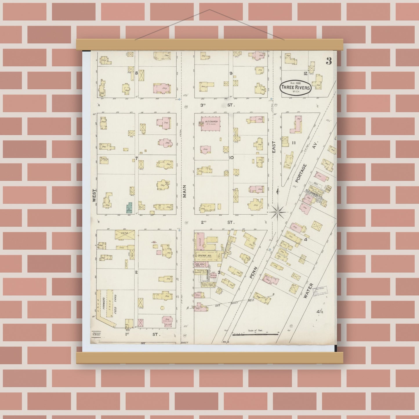 Old map wall art mockup — magnetic wood frame on brick wall — Sanborn Fire Insurance Map from Three Rivers, Saint Joseph County, Michigan (1888), Sheet #0003