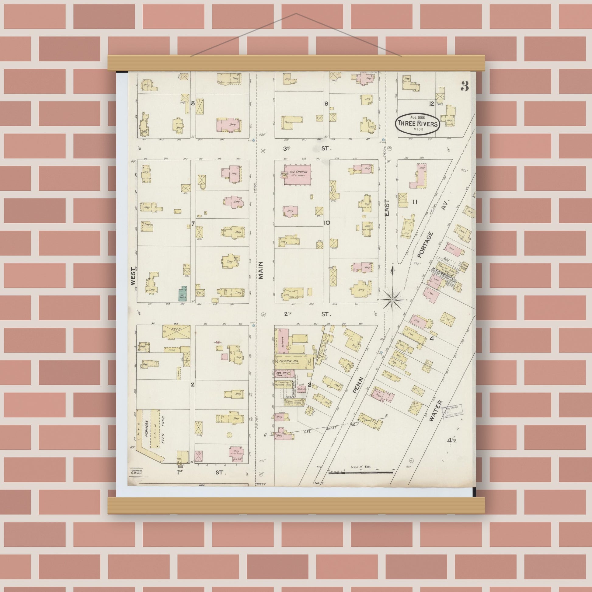 Old map wall art mockup — magnetic wood frame on brick wall — Sanborn Fire Insurance Map from Three Rivers, Saint Joseph County, Michigan (1888), Sheet #0003