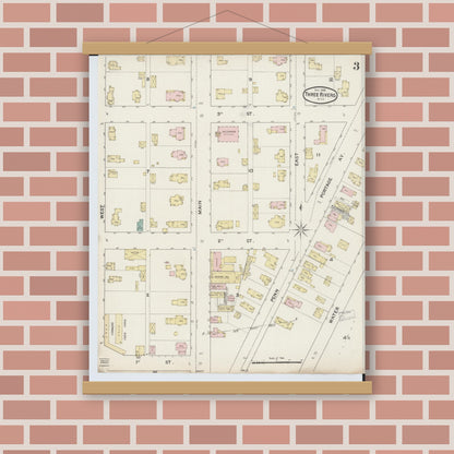 Old map wall art mockup — magnetic wood frame on brick wall — Sanborn Fire Insurance Map from Three Rivers, Saint Joseph County, Michigan (1888), Sheet #0003