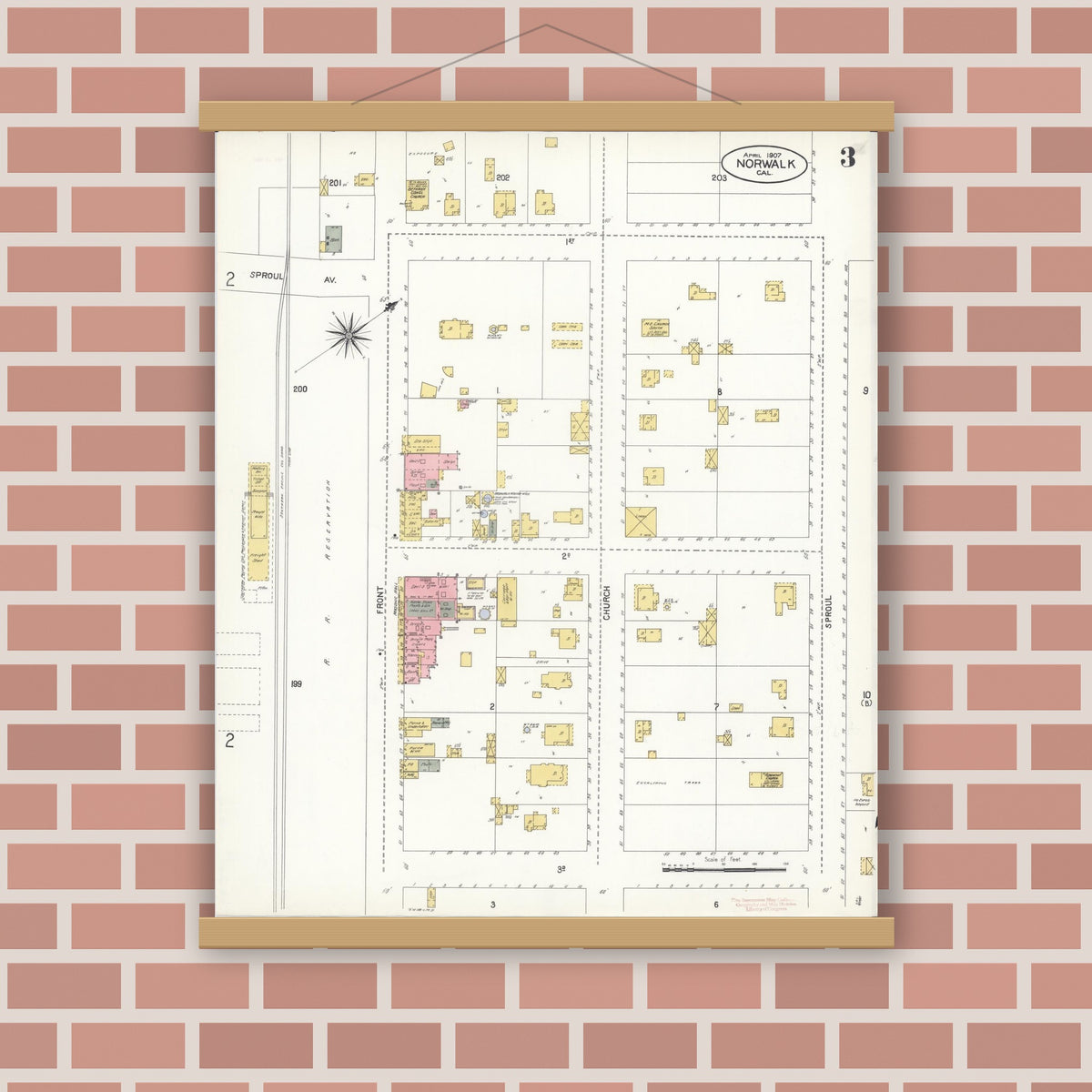 Old map wall art mockup — magnetic wood frame on brick wall — Sanborn Fire Insurance Map from Norwalk, Los Angeles County, California (1907), Sheet #0003