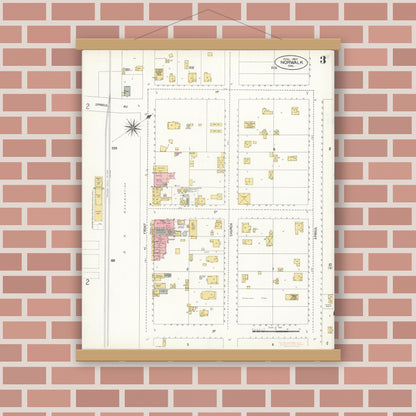 Old map wall art mockup — magnetic wood frame on brick wall — Sanborn Fire Insurance Map from Norwalk, Los Angeles County, California (1907), Sheet #0003