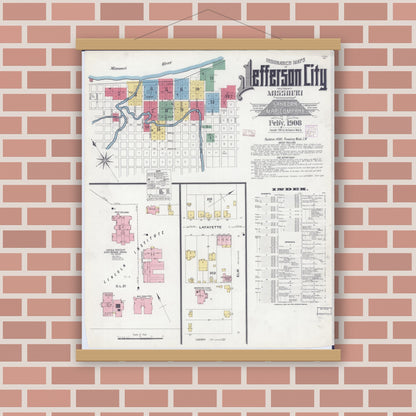Old map wall art mockup — magnetic wood frame on brick wall — Sanborn Fire Insurance Map from Jefferson City, Cole County, Missouri (1908), Sheet #0001