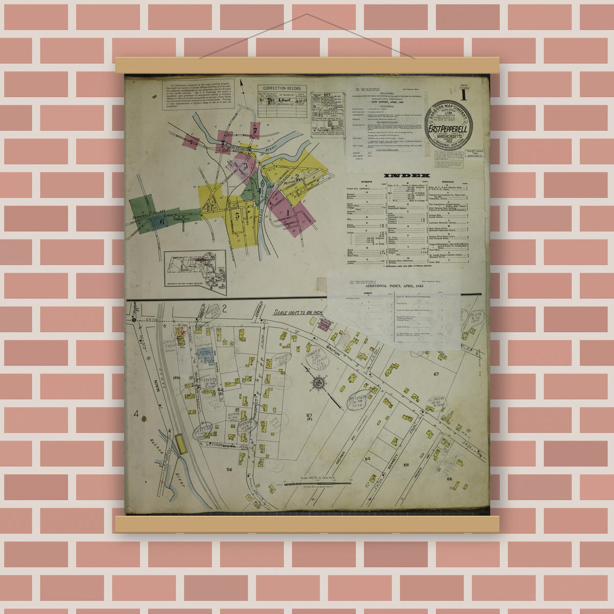 Old map wall art mockup — magnetic wood frame on brick wall — Sanborn Fire Insurance Map from East Pepperell, Middlesex County, Massachusetts (1953), Sheet #0001