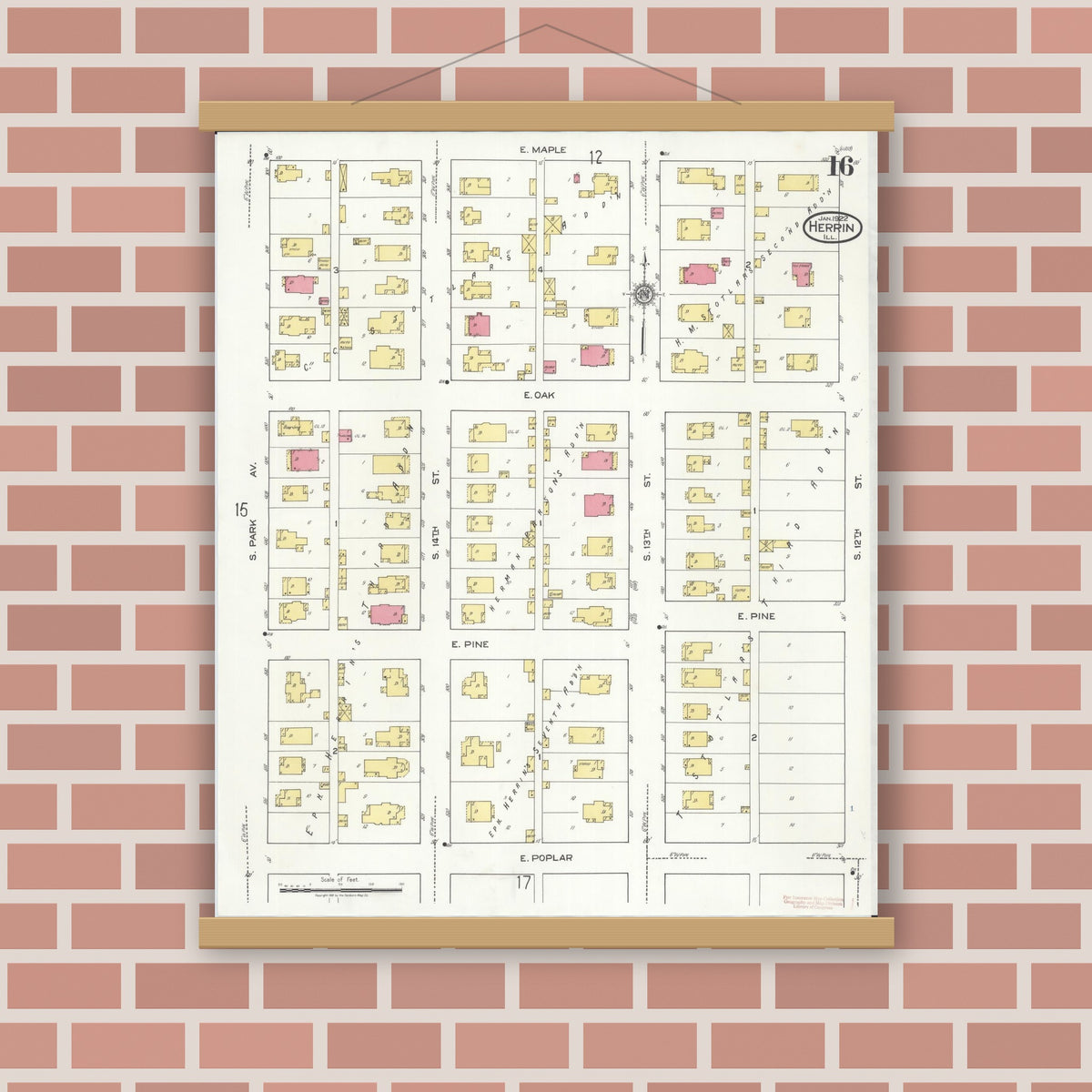Old map wall art mockup — magnetic wood frame on brick wall — Sanborn Fire Insurance Map from Herrin, Williamson County, Illinois (1922), Sheet #0016