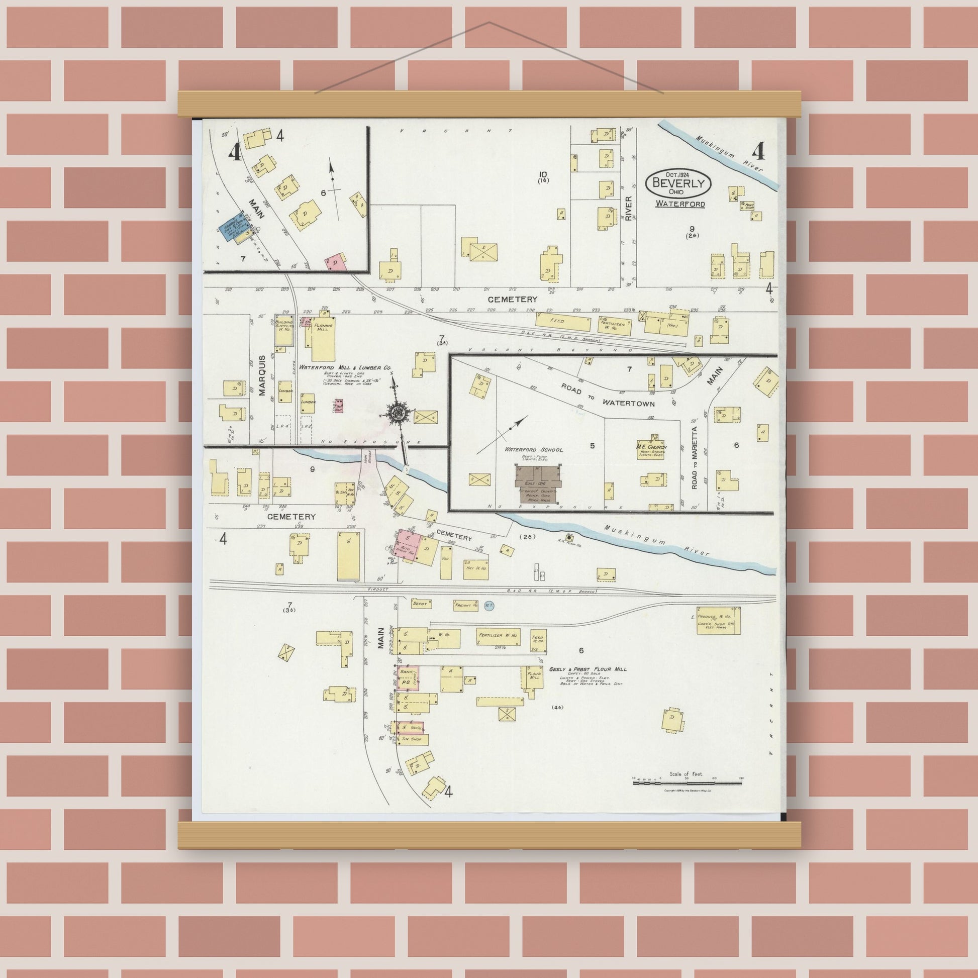 Old map wall art mockup — magnetic wood frame on brick wall — Sanborn Fire Insurance Map from Beverly, Washington County, Ohio (1924), Sheet #0004