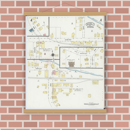 Old map wall art mockup — magnetic wood frame on brick wall — Sanborn Fire Insurance Map from Beverly, Washington County, Ohio (1924), Sheet #0004
