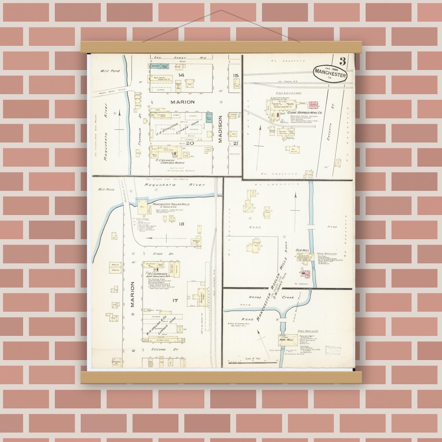 Old map wall art mockup — magnetic wood frame on brick wall — Sanborn Fire Insurance Map from Manchester, Delaware County, Iowa (1886), Sheet #0003