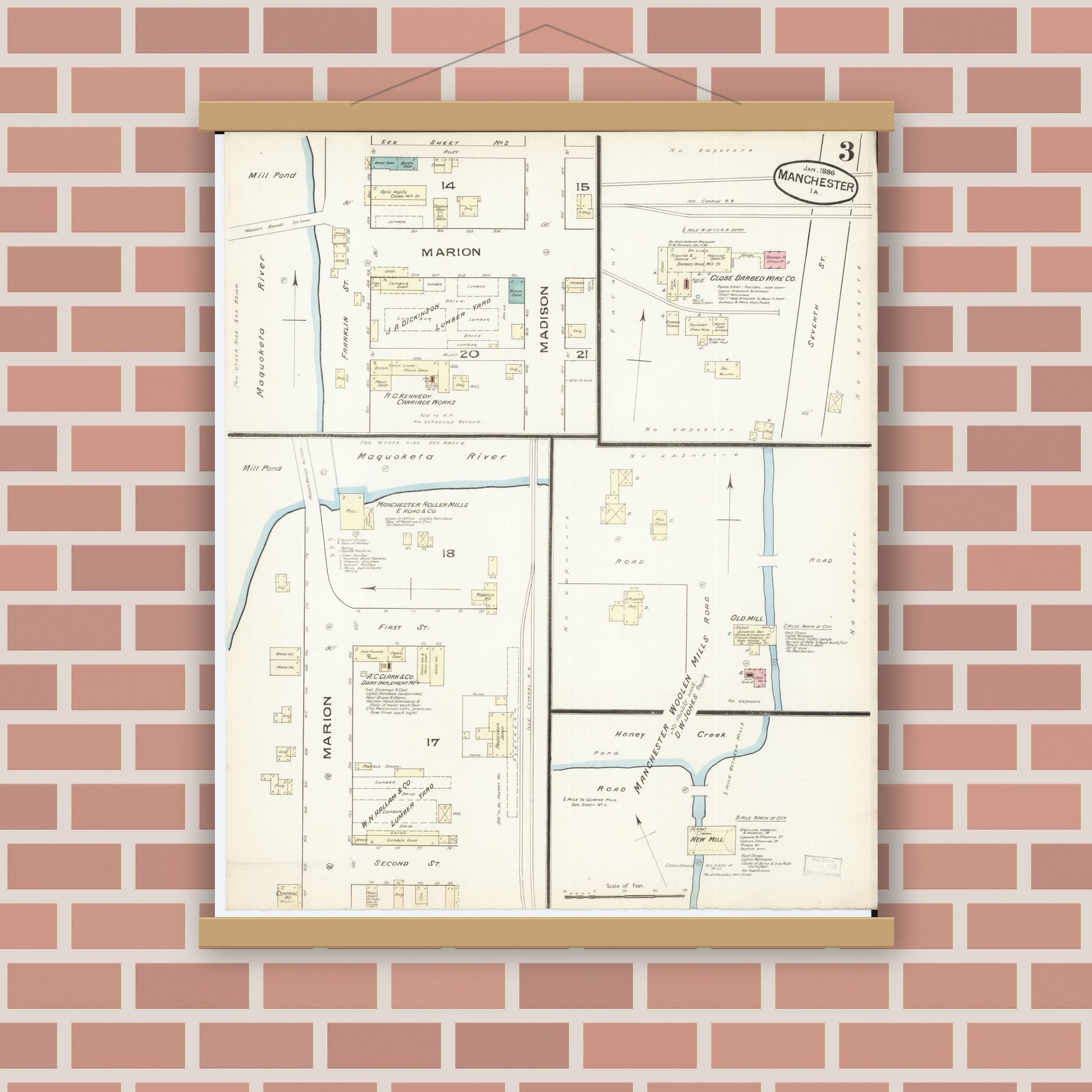 Old map wall art mockup — magnetic wood frame on brick wall — Sanborn Fire Insurance Map from Manchester, Delaware County, Iowa (1886), Sheet #0003