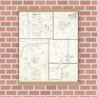 Old map wall art mockup — magnetic wood frame on brick wall — Sanborn Fire Insurance Map from Manchester, Delaware County, Iowa (1886), Sheet #0003