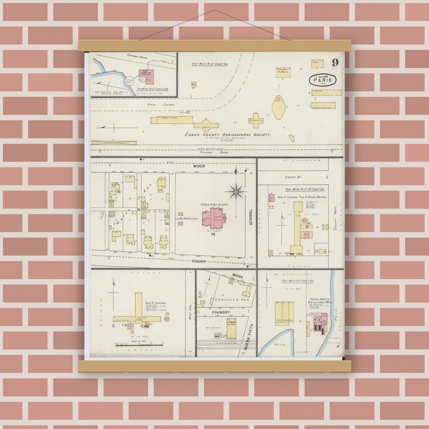 Old map wall art mockup — magnetic wood frame on brick wall — Sanborn Fire Insurance Map from Paris, Edgar County, Illinois (1895), Sheet #0009