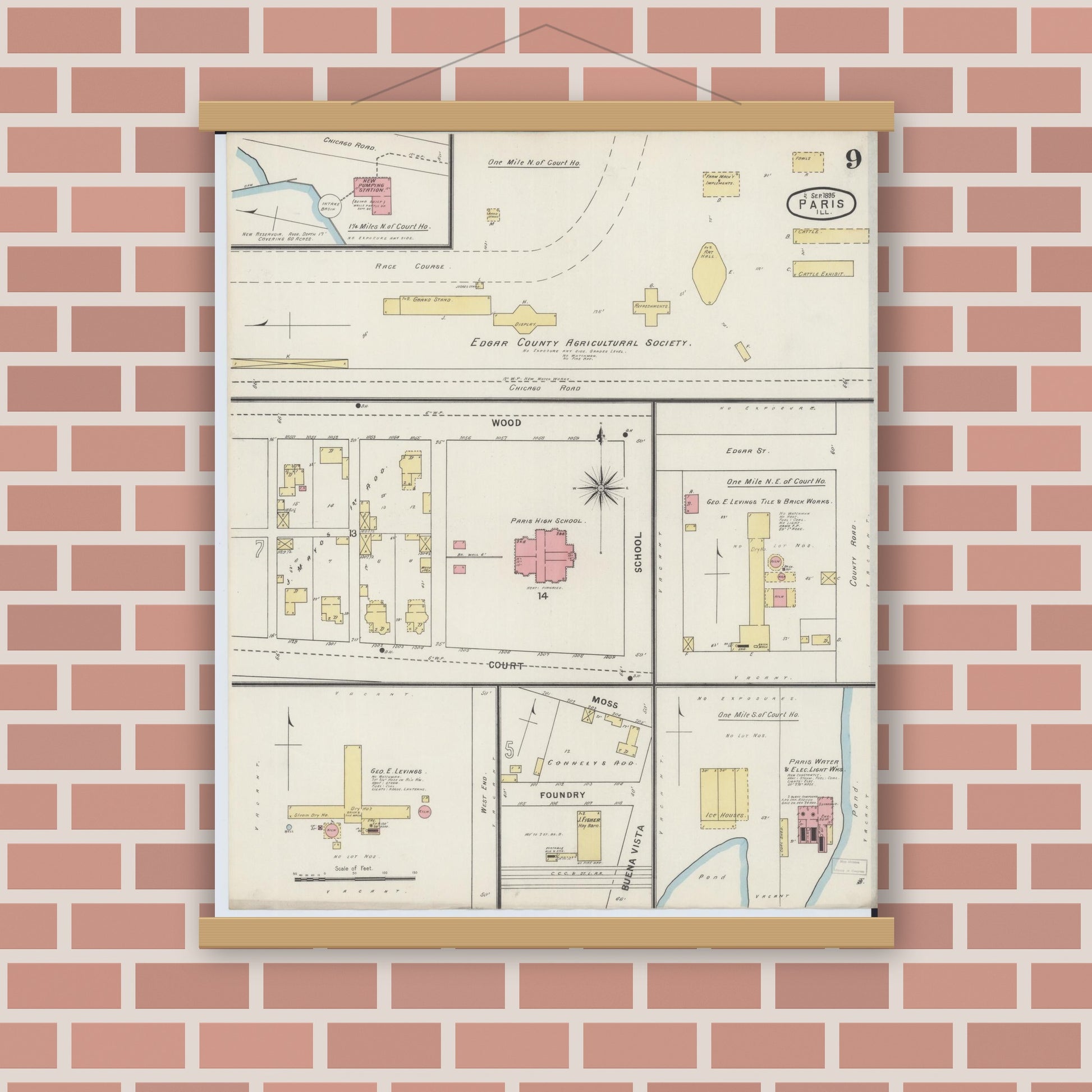 Old map wall art mockup — magnetic wood frame on brick wall — Sanborn Fire Insurance Map from Paris, Edgar County, Illinois (1895), Sheet #0009