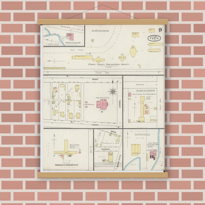 Old map wall art mockup — magnetic wood frame on brick wall — Sanborn Fire Insurance Map from Paris, Edgar County, Illinois (1895), Sheet #0009