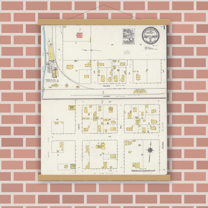 Old map wall art mockup — magnetic wood frame on brick wall — Sanborn Fire Insurance Map from Knights Landing, Yolo County, California (1921), Sheet #0001