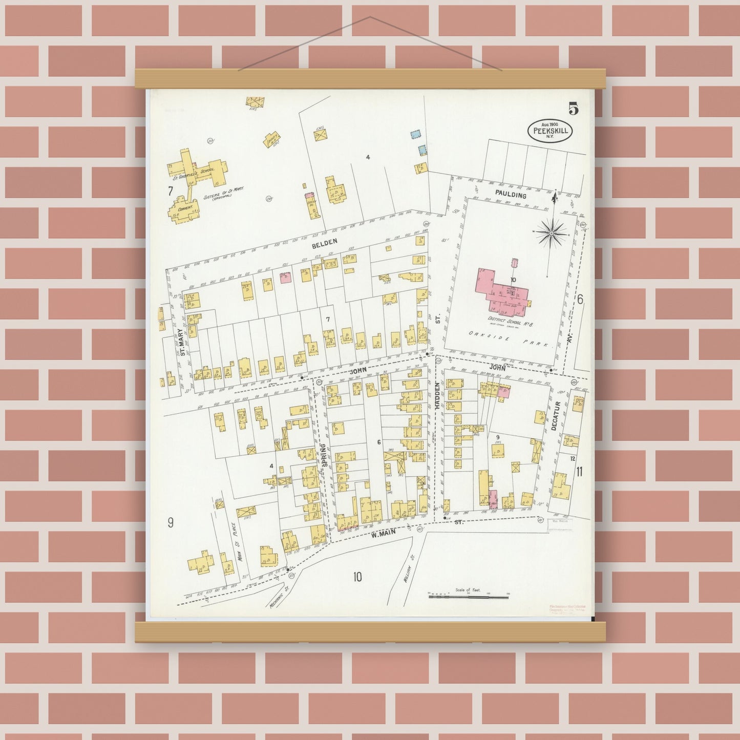 Old map wall art mockup — magnetic wood frame on brick wall — Sanborn Fire Insurance Map from Peekskill, Westchester County, New York (1900), Sheet #0005